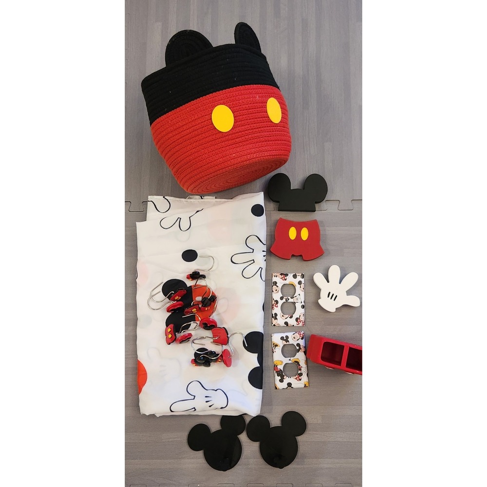 Disney Mickey Mouse Bathroom Decor Set Shower Curtain Hooks Basket Wall Hooks